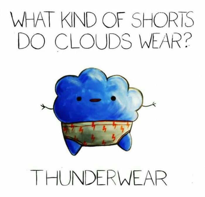 Ein Aquarell Zeichnung von einer blauen Wolke die eine Unterhose mit Blitzen darauf trägt. Darüber steht folgender Witz in englischer Sprache: what kind of shorts do clouds wear? - thunderwear! 