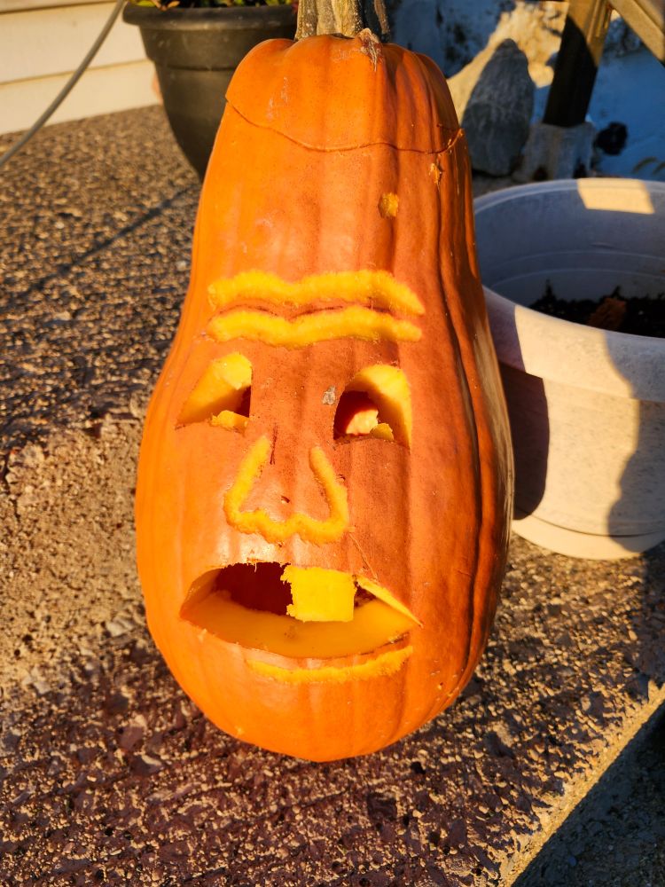 A tall pumpkin with Patrick's "Who You Calling Pinhead" face.