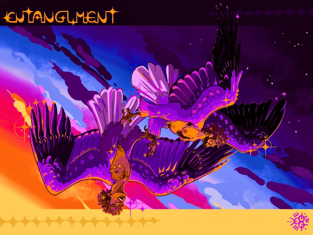 Two trans masculine harpies cartwheeling through a sunset laughing. 