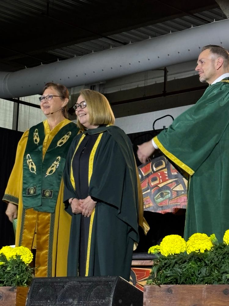 Honorary doctorate recipient Dr. Shirley Bond, with president Dr. Geoff Payne, and Chancellor Darlene McIntosh