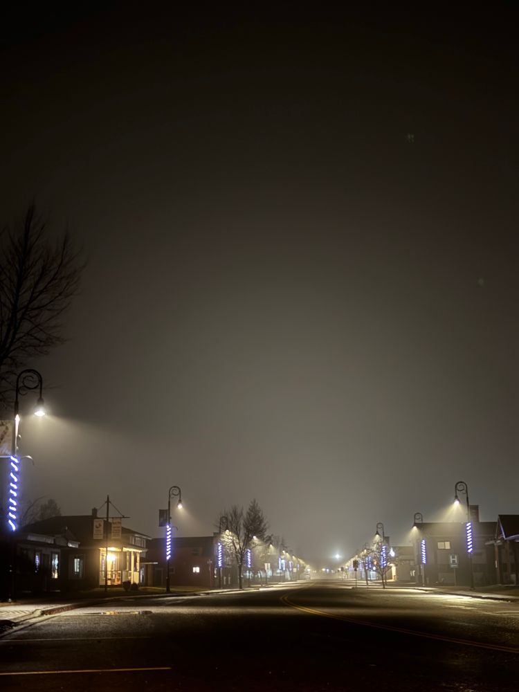 Photo of a foggy empty Main Street in McBride