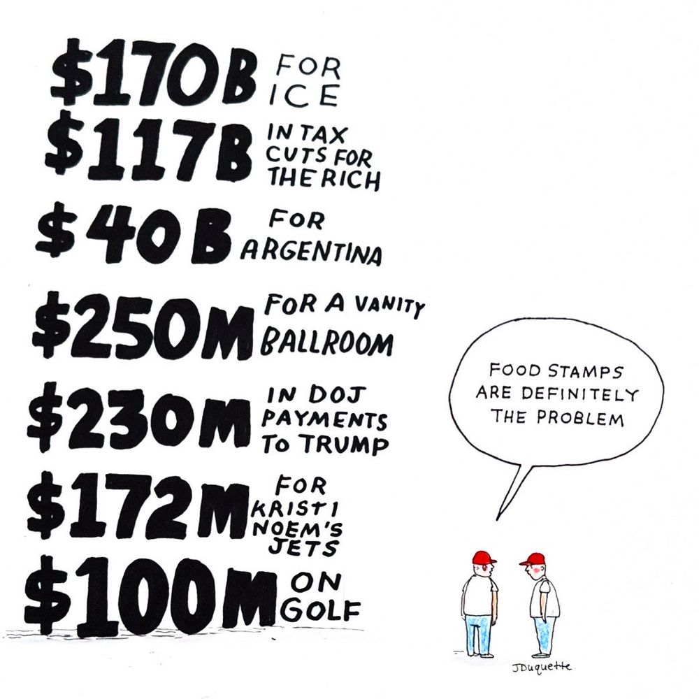 A satirical graphic that lists the dollar amounts spent by the Trump administration on frivolities. 

Two cartoon people in red hats stand beside the list. One says to the other, sarcastically, “Food stamps are definitely the problem.”

The list:
$170B for ICE
$117B in tax cuts for the rich
$40B for Argentina
$250M for a vanity ballroom
$230M in DOJ payments to Trump
$172M for Kristi Noem’s jets
$100M on golf

As of 10/27/25 (these numbers have only gone up since then).