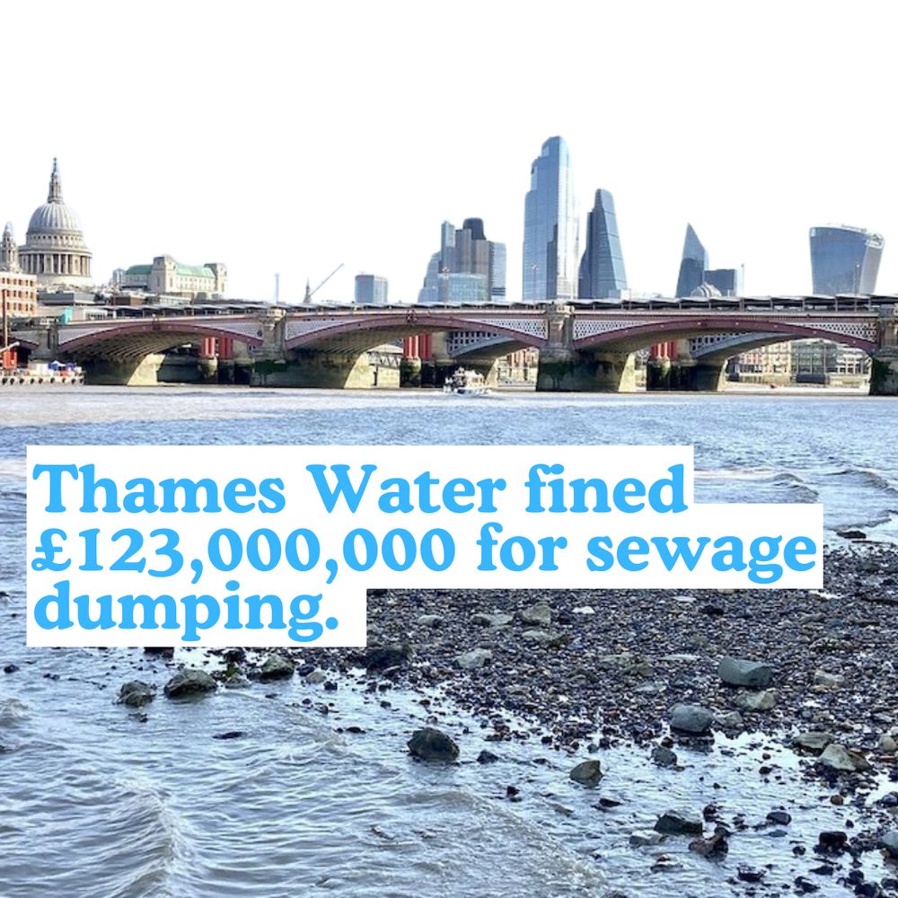 A picture of the Thames with the London skyline featuring St Pauls' with the caption 'Thames Water fined £123,000,000 sewage dumping.