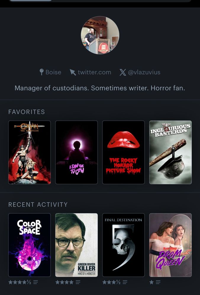 A screenshot of my Letterboxd Top 4: Conan the Barbarian, I Saw the TV Glow, Rocky Horror Picture Show, and Inglorious Basterds.
