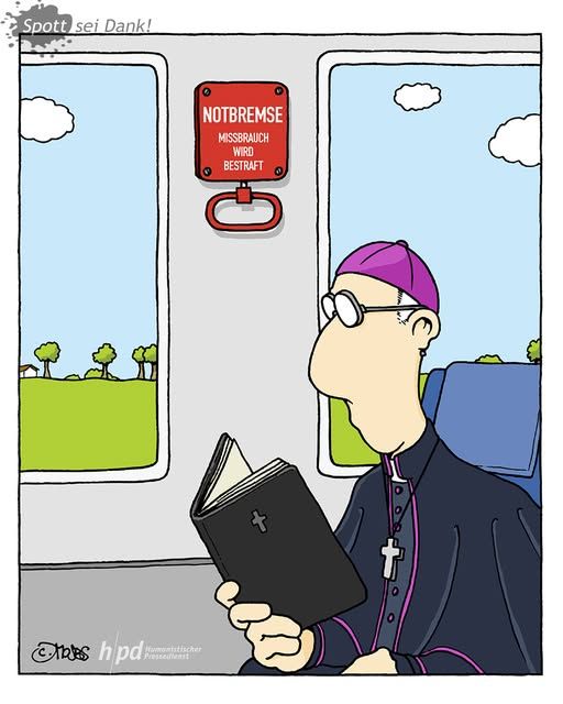 Die Bibel lesend sitzt ein Bischof im Zug. An ihm zieht Landschaft vorbei, über ihm hängt die Notbremse. Auf ihr steht: "Notbremse - Missbrauch wird bestraft".