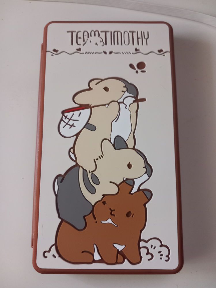 A case for Nintendo Switch games, featuring three cute bunnies trying to catch a butterfly. 