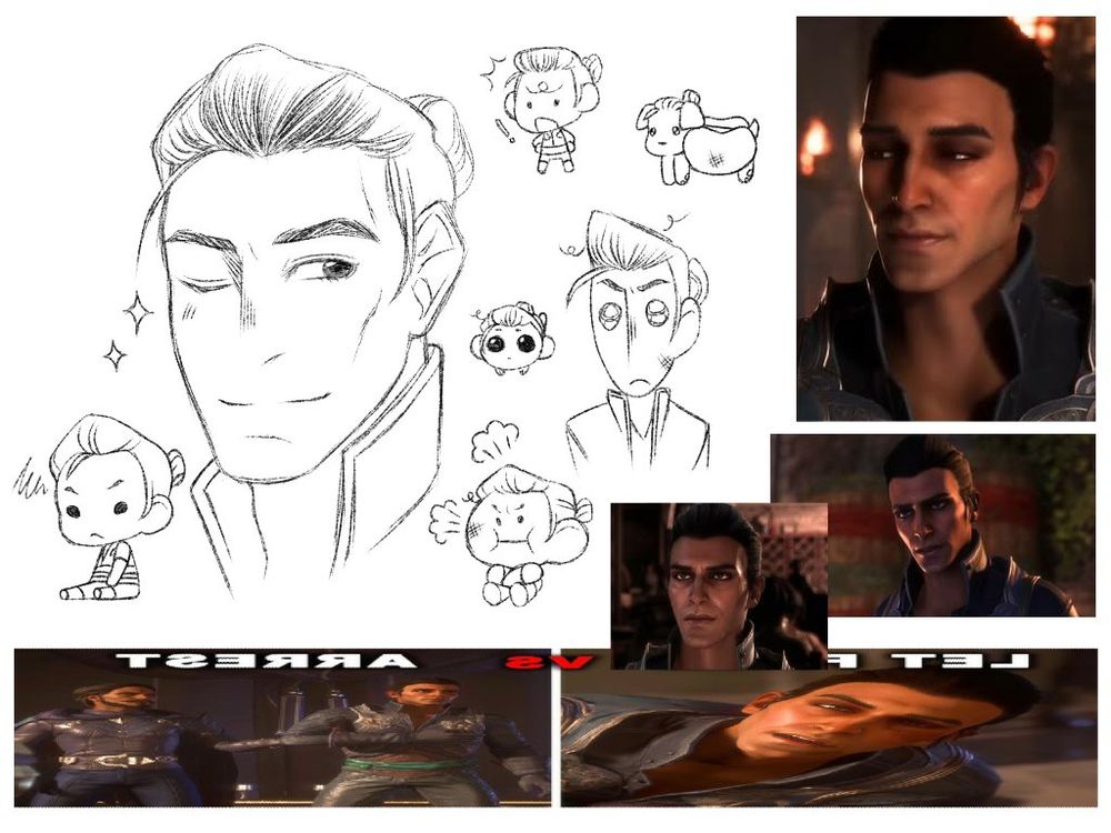 a collection of sketches of the character Illario from dragon age and a collage of random pictures of the same character.