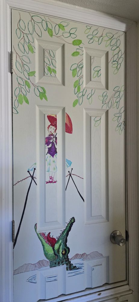 a white door with an unfinished marker drawing. the top of the door has leaves, which drape towards a dancer balancing on a tightrope. the rope is fraying, and waiting just below is a crocodile with its mouth open. there are ripples in the pond it's in. this is a reference to a painting in the haunted mansion at disney's magic kingdom.