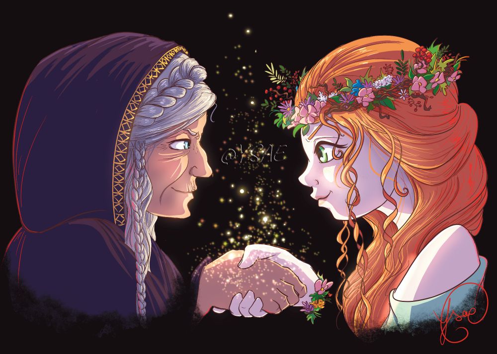 Dessin numérique représentant une sorcières âgée et une sorcière jeune qui se serrent la main. 