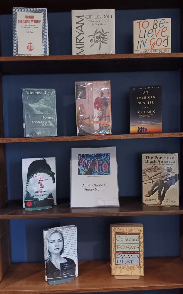 Shelves with outward-facing books of poetry: The Poetry of St. Paulinus of Nola; Miryam of Judah; To Believe in God; Adrienne Rich, Poems, Selected and New; Death & Fame; An American Sunrise; Into the Forest and All the Way Through; The Poetry of Black Americans; A Night Without Armor; The Collected Poems of Sylvia Plath