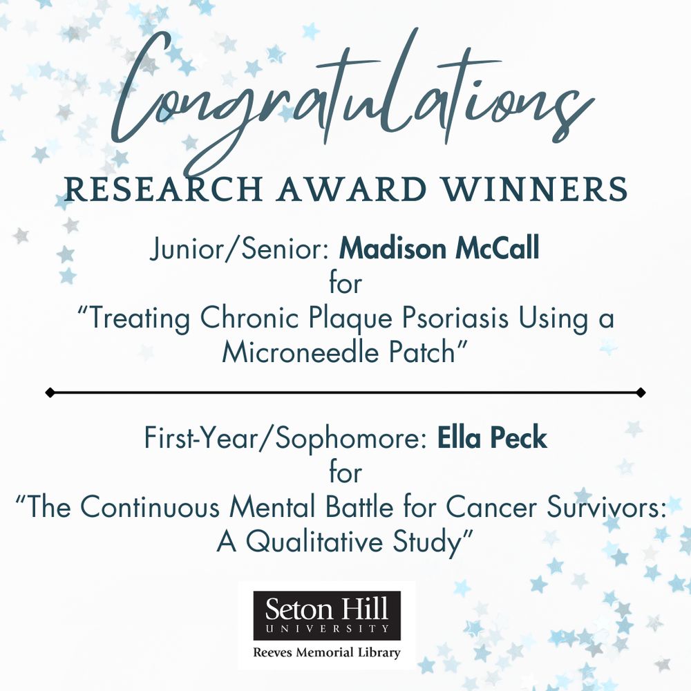 CONGRATULATIONS Research Award Winners

Junior/Senior: Madison McCall for "Treating Chronic Plaque Psoriasis Using a Microneedle Patch."

First-Year/Sophomore: Ella Peck "The Continuous Mental Battle for Cancer Survivors: A Qualitative Study"
