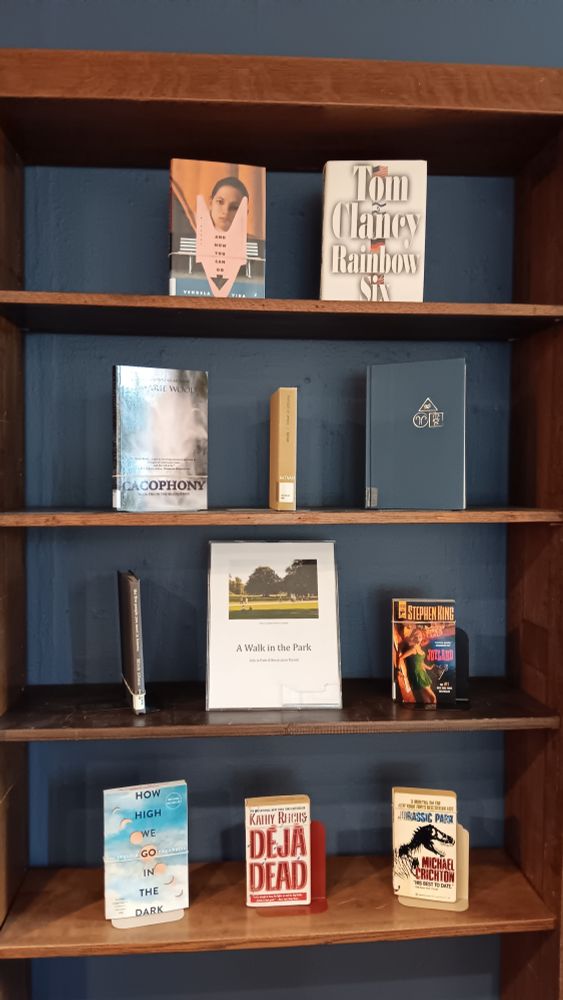 Photo of sign reading "A Walk in the Park" and books on display on a wooden shelf. Books: And Now You Can Go by Vendela Vida; Rainbow Six by Tom Clancy; Cacophony by Marie L. Wood; Portrait of Jennie by Robert Nathan; The Five People You Meet in Heaven by Mitch Albom; Joyland by Stephen King