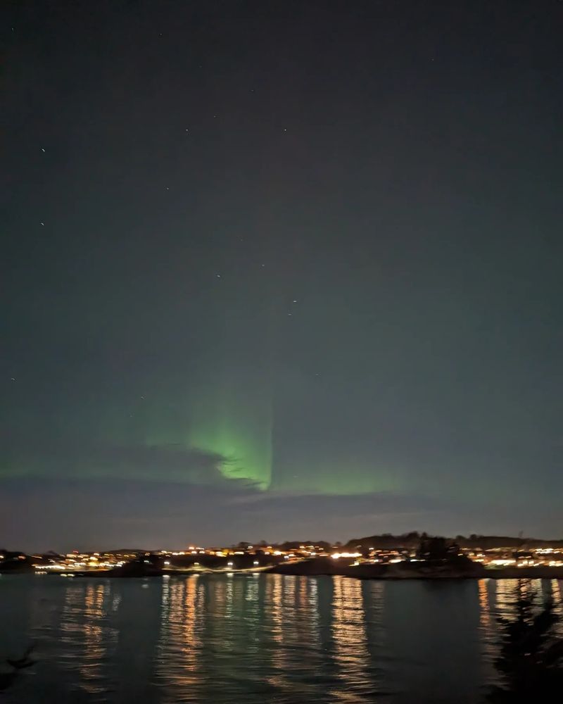 Green northern lights above houses across a bay
