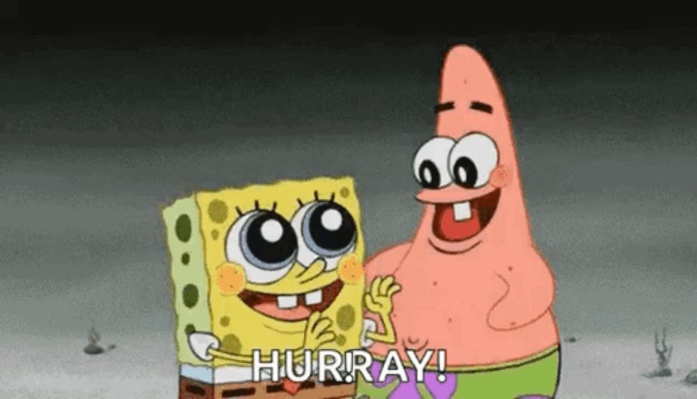 spongebob and patrick from spongebob squarepants are hugging each other and saying hurray !