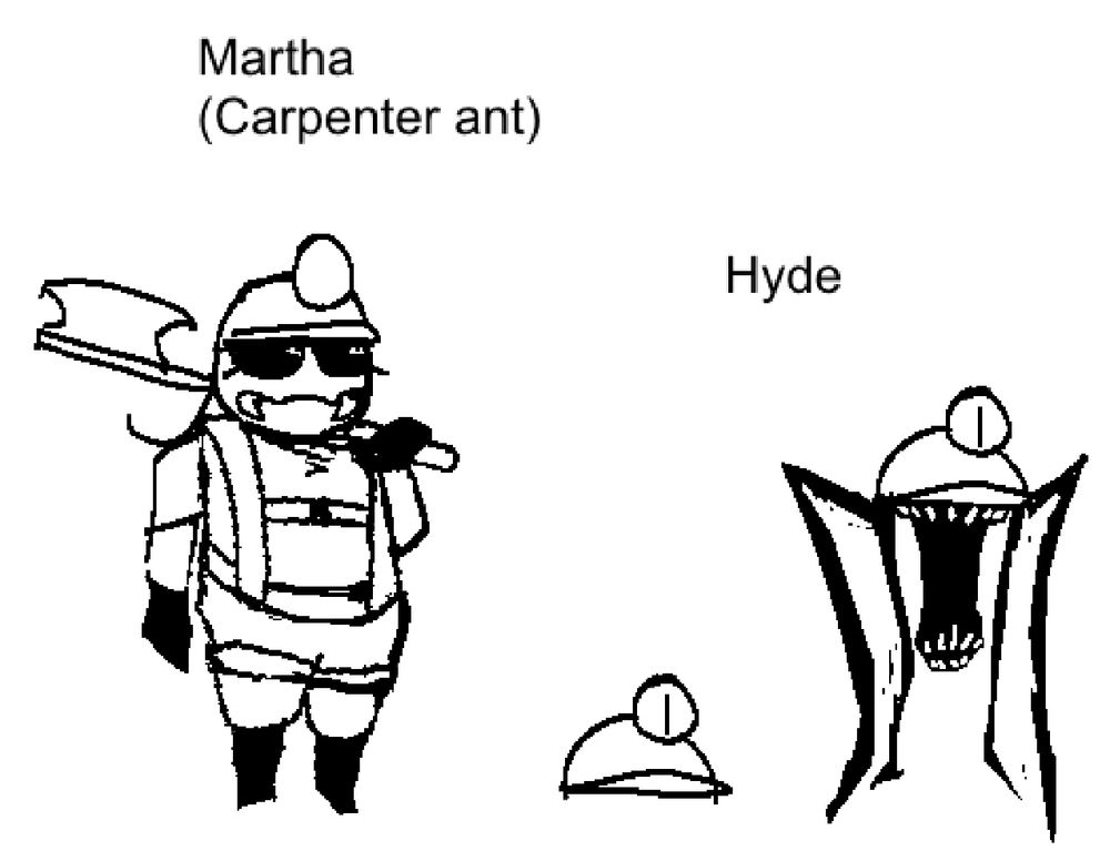 Colorless refs of Martha and Hyde. Martha is on the left in her getup and wields a small axe for work. Hyde is shown on the right, both in its dormant state where it seems like a normal helmet and normally when it unveils itself, revealing its four long spider-like legs and protruding mouth with rows of thin teeth.
