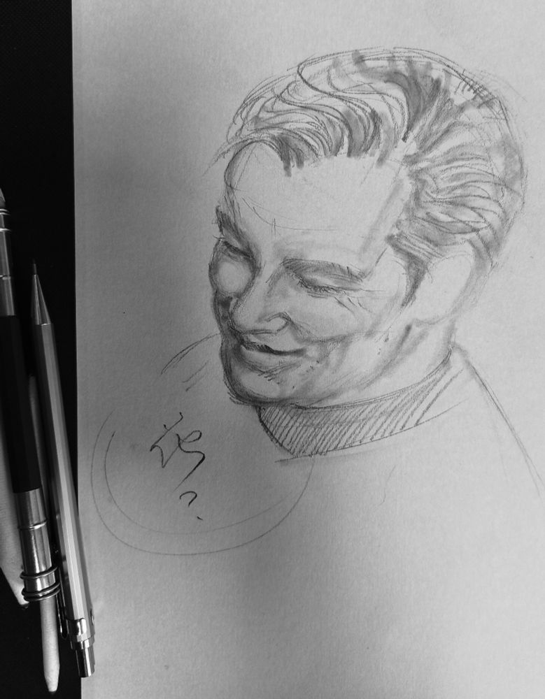 Smiling TOS Kirk sketch from the 'Shore Leave' episode. Crane shot style view, his eyes are closed and wrinkles are visible. Pretty Cap'n is pretty.