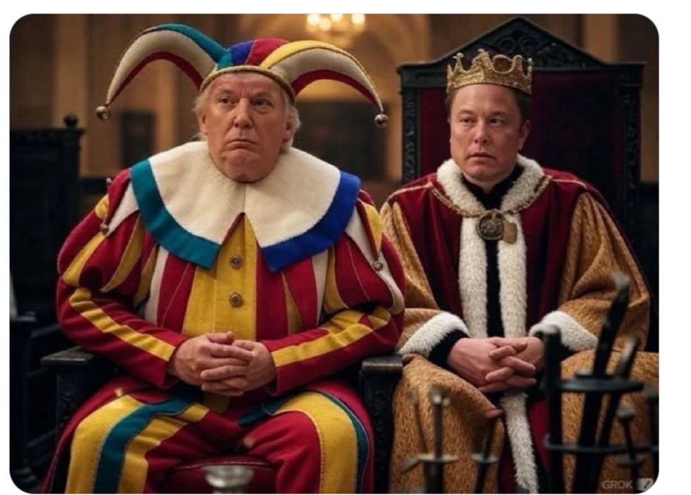An AI image of 45/47 dressed as a court jester, sitting at Musk’s right hand. Both have their fingers interlaced in their laps and have grim faces. Musk is dressed in royal robes, wearing a crown. 