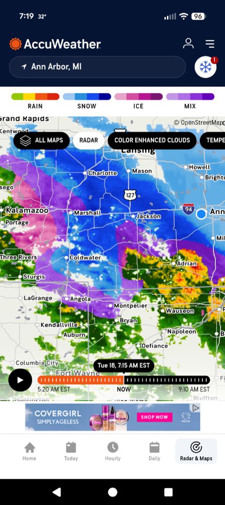 Screenshot of radar of Michigan with red, yellow, green, blue, light blue, dark purple, light purple, and the dreaded pink 