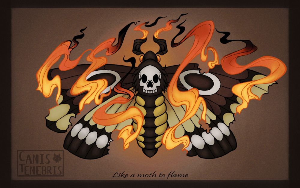 A tattoo-styled image of a death's head hawkmoth on fire. The piece is titled "Like a Moth to Flame"