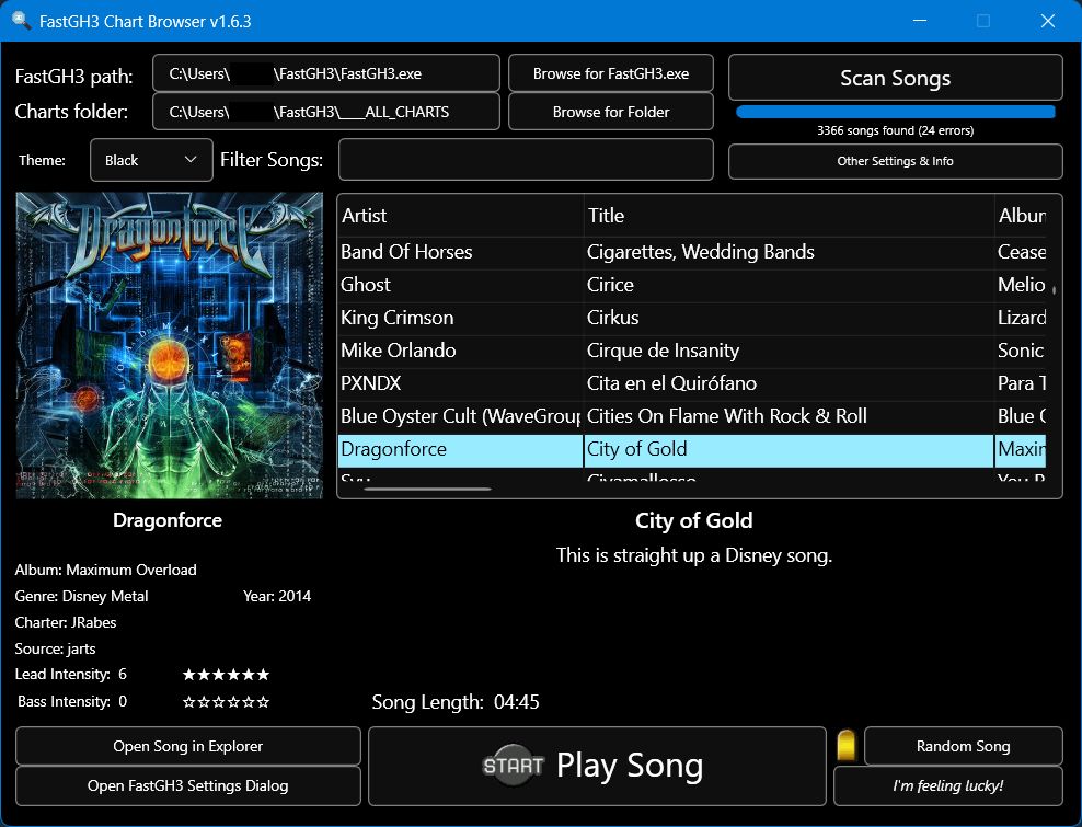 Screenshot of the new black theme on the FastGH3 Chart Browser application