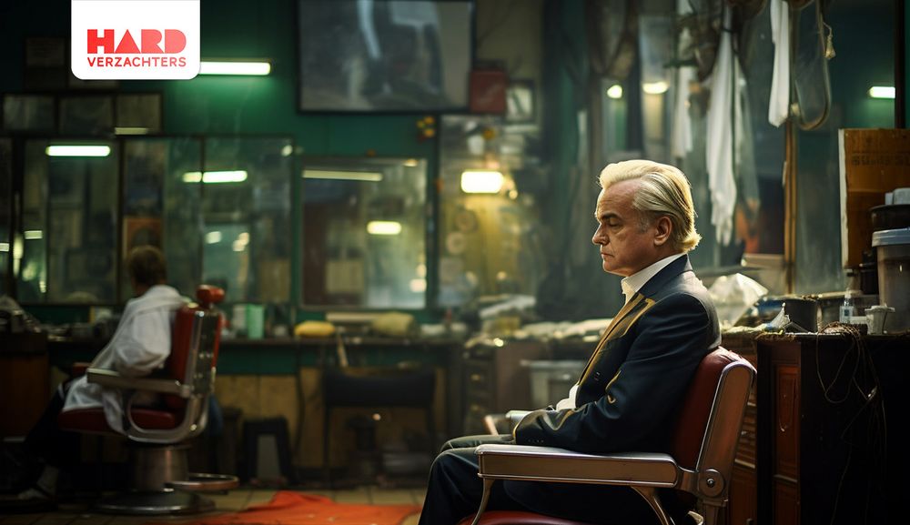 Een afbeelding van Geert Wilders bij de kapper.