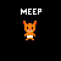 A stationary 2D pixel art of Meep, my syrian hamster. The word MEEP is above his head and he is standing upright, looking ahead. He is orange with a band of white around his middle. 