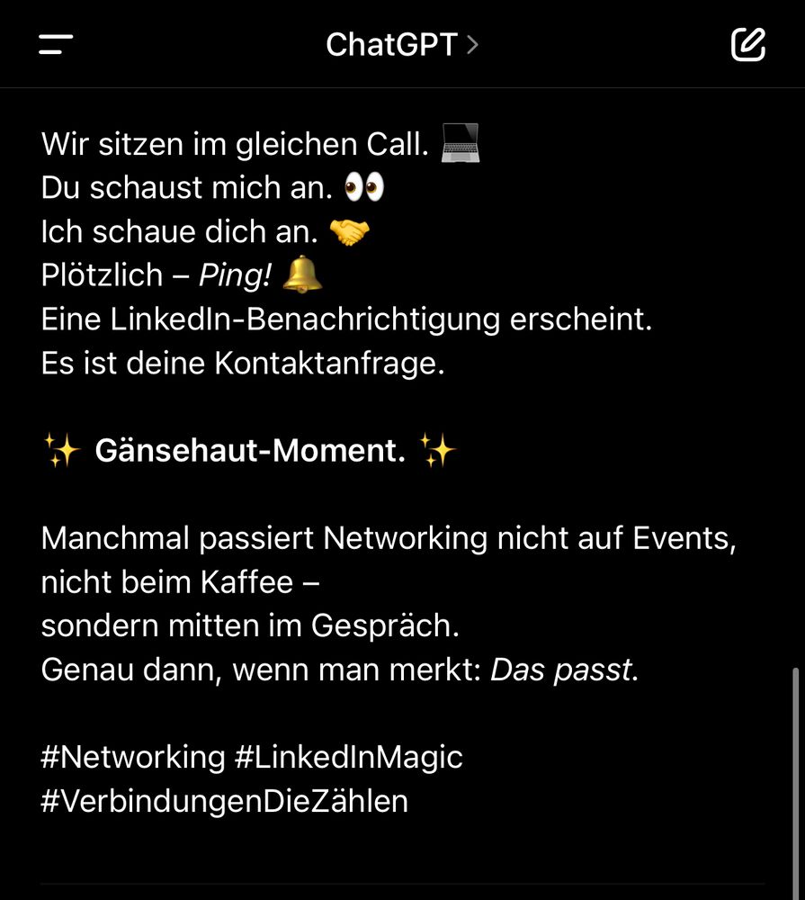 Ein Screenshot aus ChatGPT der aus dem oberen Post ein LinkedIn Post erstellt hat. 