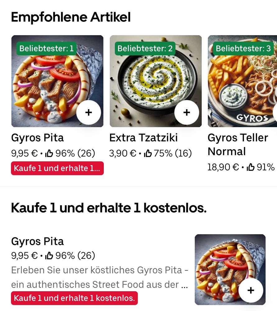 Ein Screenshot einer Liefer-App. Zu erkennen Produktbilder, die offensichtlich KI generiert sind. 