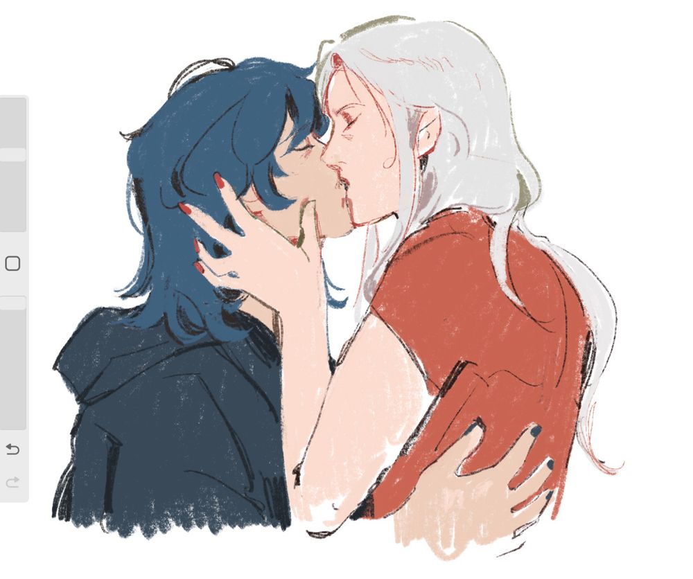 edelgard and byleth kiss while holding each other, modern universe. Edelgard wears red and byleth wears a black hoodie 