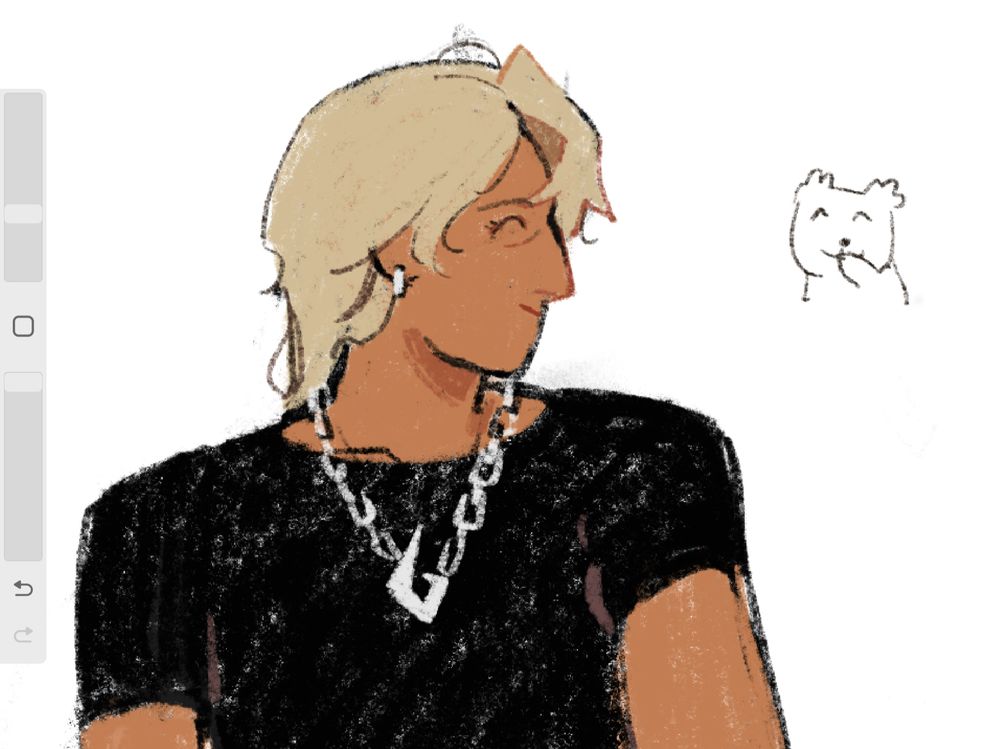 doodle of klavier looking like a pleased dog in a black t shirt looking to the right 