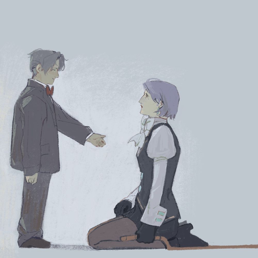 the whole piece is washed in pale blue. Miles edgeworth as a 4th grader holds out his hand to help up franziska (in her adult form) as she sits on the ground in shock 