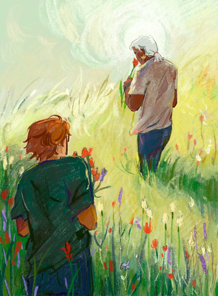 green palette drawing of sylvain and dedue in an alpine flower meadow of red and purple flowers. sylvain is standing at the bottom left looking up at dedue who is facing away at the top of a hill. they are both holding flowers. the sun is shining brightly in a warm yellow and green sky 