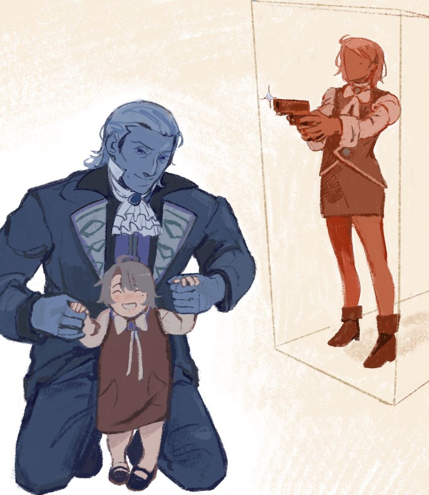 orange tone franziska holding a gun in the right background pointing it at her memory  of her father teaching her how to walk. manfred is colored in blue on his knees holding the hands of a tiny franziska wearing a maroon dress 