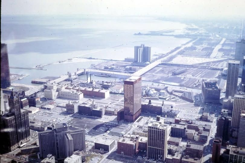 An aerial view of the Streeterville neighborhood of Chicago in 1975. It is largely devoid of many of the tall buildings found there today.