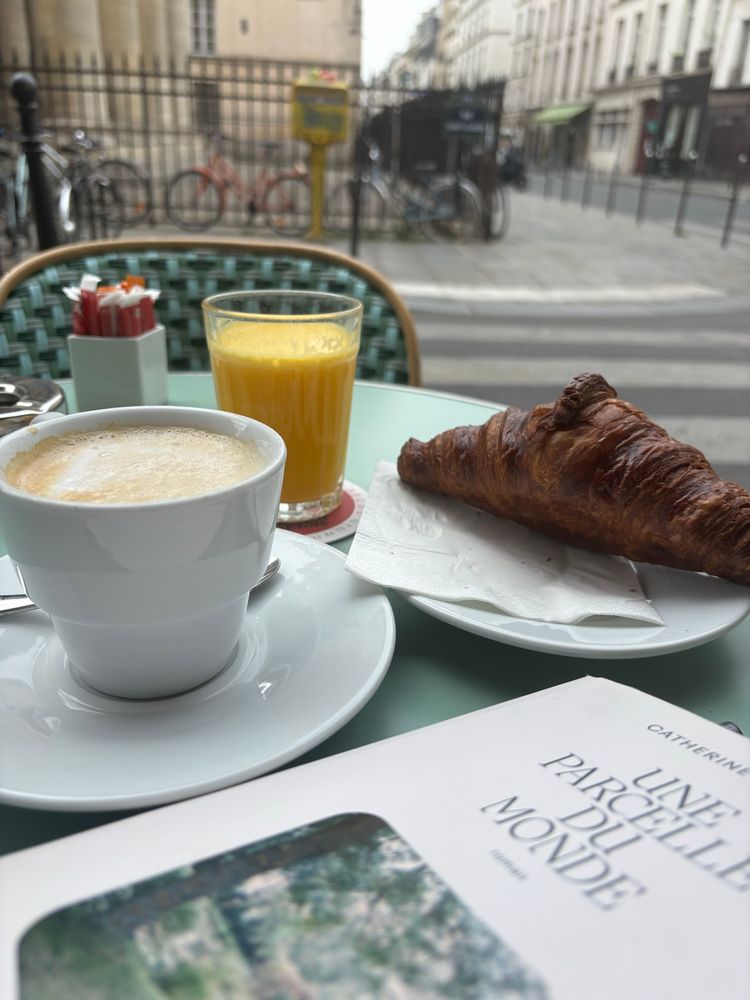 Typical cafe breakfast of croissant, café crème, fresh squeezed orange juice with a French novel on an outdoor cafe table. 