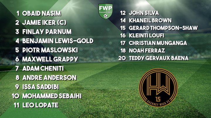 HACKNEY WICK: Nasim Iker (C) Parnum Lewis-Gold Maslowski Grappy Cheniti Anderson Saddibi Sebaihi Lopate; SUBS: Silva Brown Thompson-Shaw Loufi Munganga Ferraz Gervaux Baena