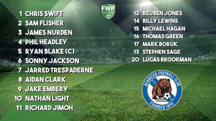 BEARSTED: Swift Flisher Nurden Headley Blake (C) Jackson Trespaderne Clark Embery Light Jimoh; SUBS: Jones Lewins Hagan Green Boruk Sage Brookman