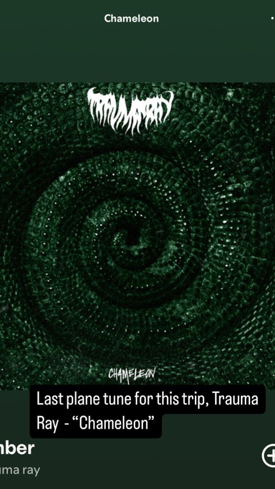 Cover art for Trauma Ray album “Chameleon.” The image is a dark green concentric swirl, clearly from a shell of some kind or maybe a chameleon’s tightly-coiled tail. 