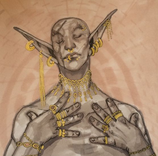 traditional copic marker drawing of saint Jiub from morrowind wearing a lot of gold jewellry