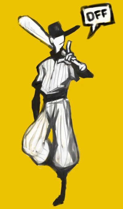A stylized fan art of The Batter from the RPG video game OFF in grayscale with a bright yellow background with a little speech bubble that says OFF 