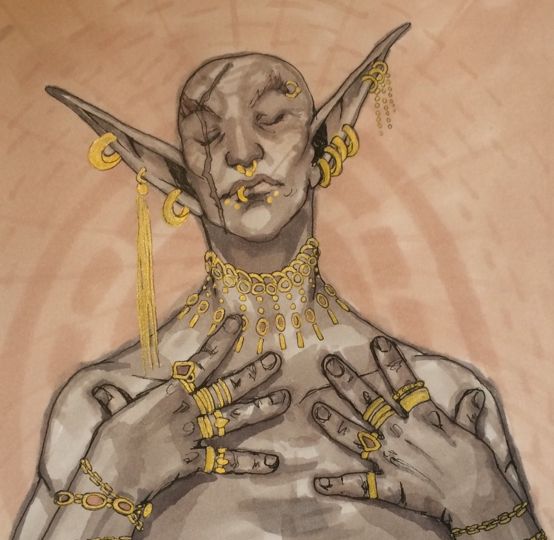 Traditional marker art of Saint Jiub from the elder scrolls 3 morrowind. He is bald and has a facial scar going from his right cheek straight up to his scalp. His eyes are closed and his hands are over his upper chest area near the collarbone, the fingers are spread out. He is shirtless but covered in gold jewellry such as many hoop earrings, rings on his fingers, necklace in a ring design and armbands. The background is in peach color with some darker shades of lines