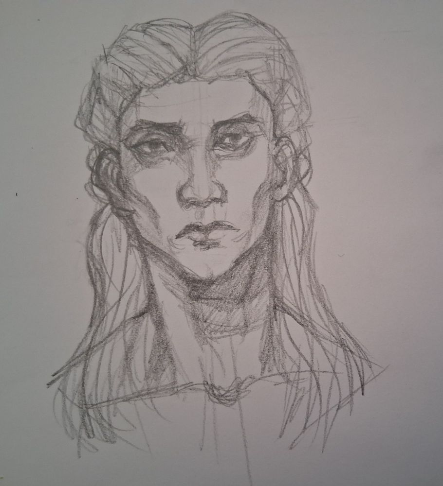 Pencil sketch of Sven's head seen from the front