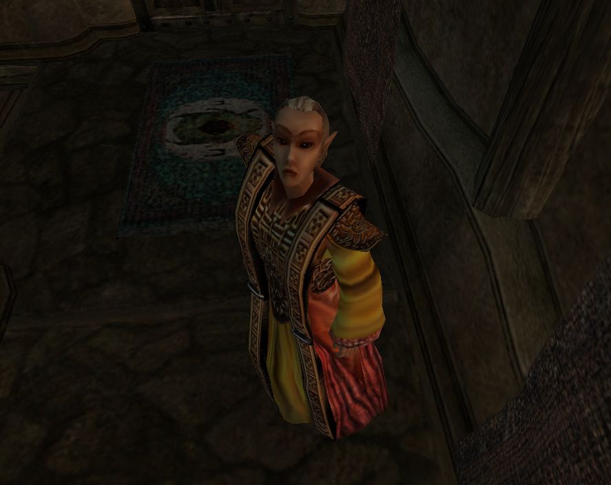Screenshot from the video game Morrowind of Gelbedir the high elf in the Mage's Guild but seen from above and her looking up which looks kind of silly