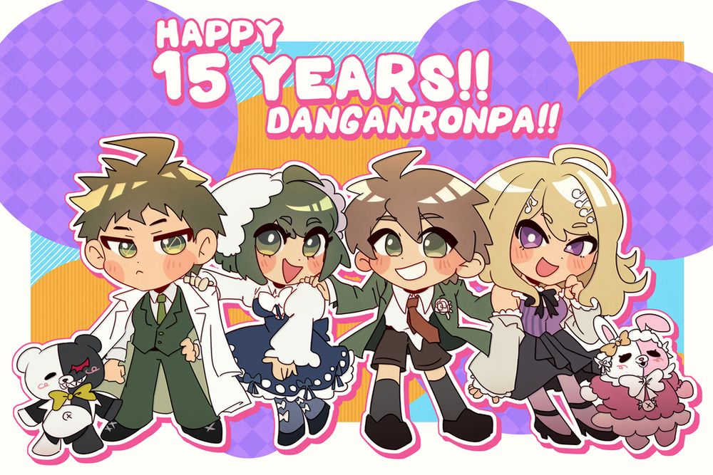 Fanart of Danganronpa protagonists in their 15th anniversary event outfits. From left to right, Monokuma poses next to Hinata, who is standing confidently. Komaru is holding onto Hinata's shoulder and smiling. Beside her, Makoto has one hand on his sister's shoulder as he smiles as well, with the other hand on Kaede's back as she sports a mischievous grin. Monomi is standing next to Kaede also looking quite pleased. The background is colourful yellow and purple bubbles under text that reads, "Happy 15 years, Danganronpa!"