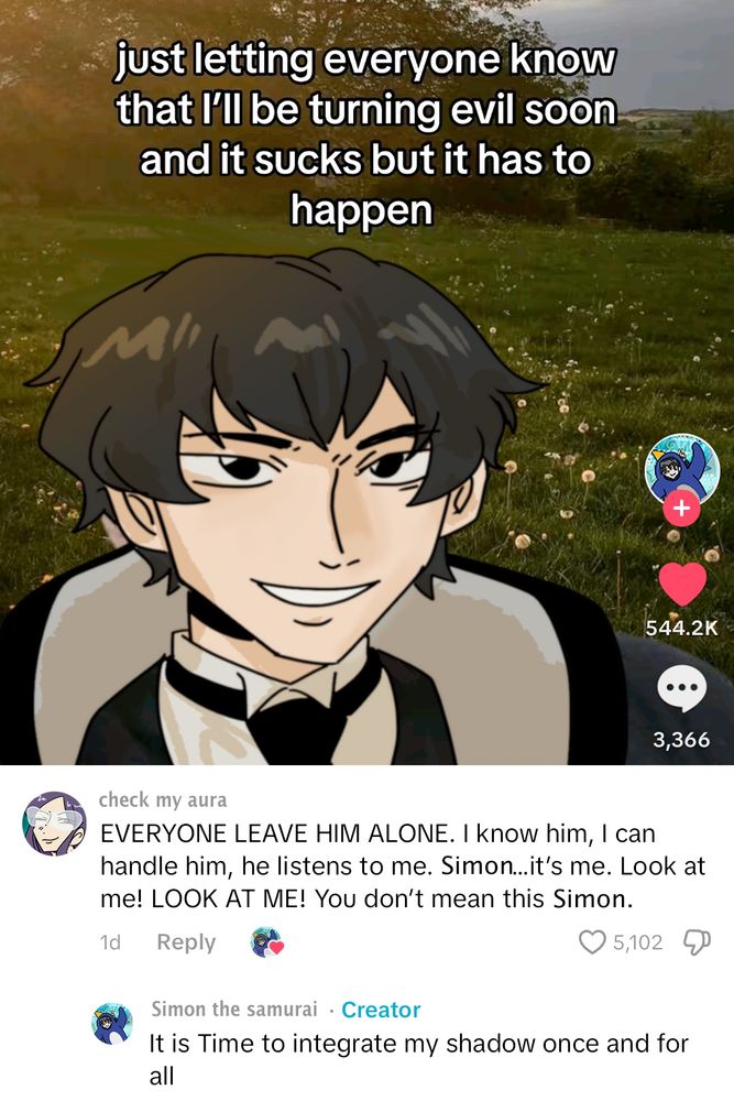 TikTok screenshot of a young Simon Blackquill from Ace Attorney taking a poorly positioned selfie with the caption "just letting everyone know that I'll be turning evil soon and it sucks but it has to happen". Beneath it, Aura Blackquill leaves a comment that reads, "Everyone, leave him alone. I know him, I can handle him, he listens to me. Simon... it's me. Look at me. Look at me! You don't mean this, Simon." to which Simon replies, "It is time to integrate my shadow once and for all."
