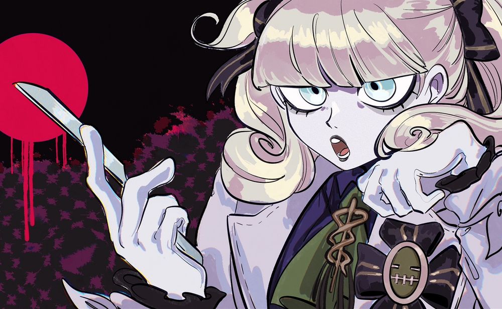 Maria gesturing in an intimidating way, with what appears to be a butter knife.