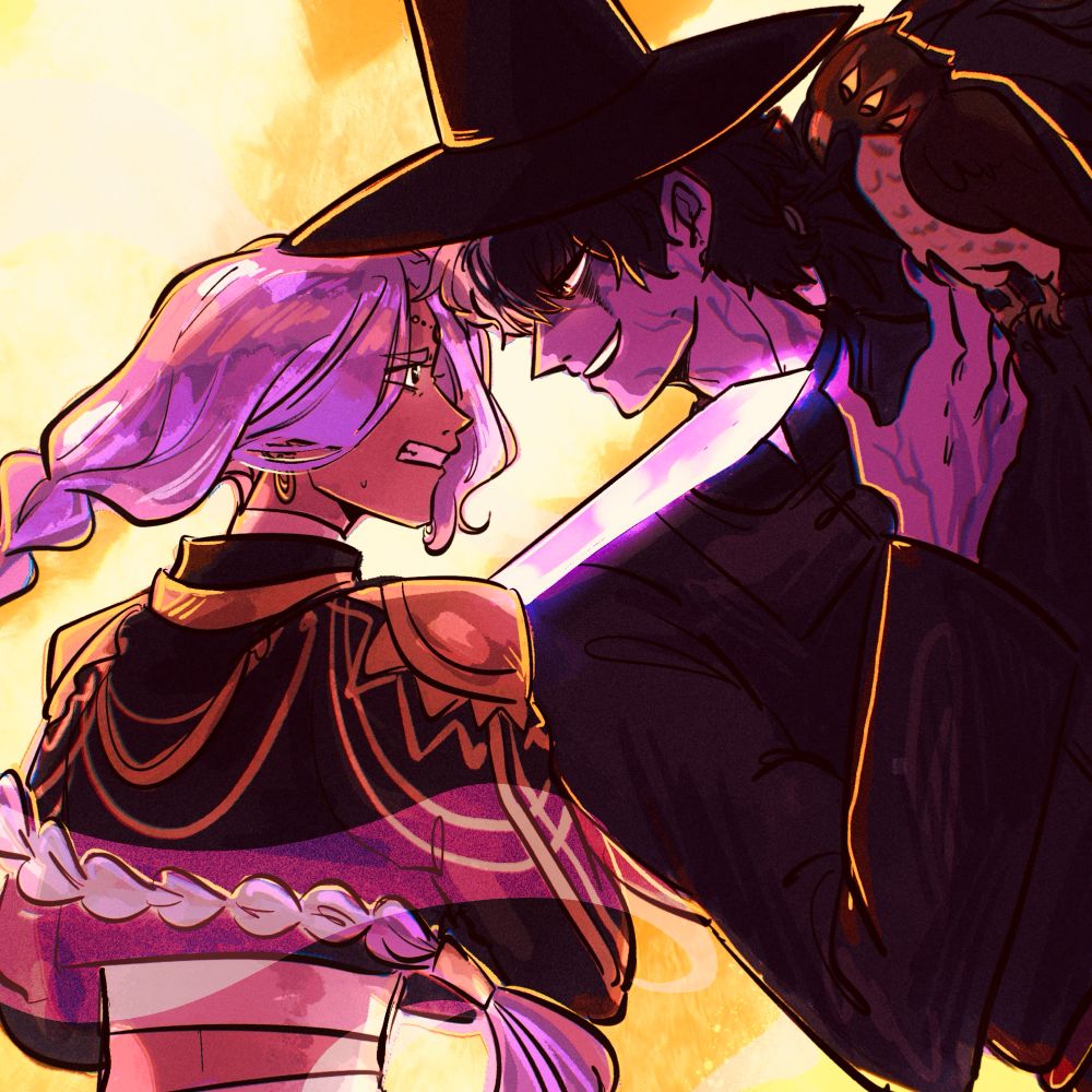 Nahyuta and Blackquill from Ace Attorney dressed as Rumi and Jinu from K-Pop Demon Hunters. Nahyuta has a sword to Blackquill’s throat as Blackquill grins back in a devious way. Taka is perched upon his shoulder, sporting three eyes like Jinu’s bird.