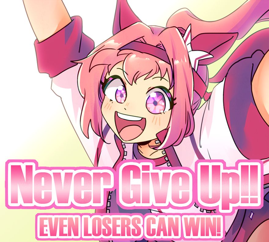 Fanart of Haru Urara from hit game Uma Musume: Pretty Derby. She is smiling wide with her arms up in a cheer as bold pink text reads 