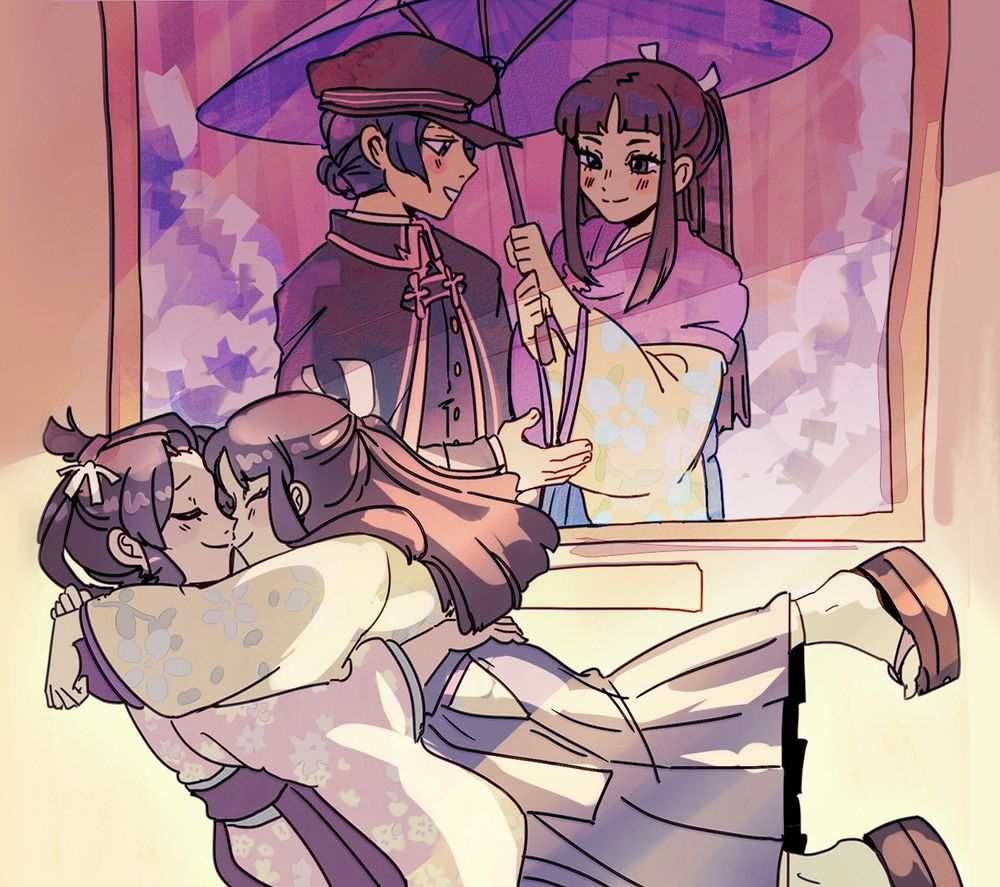 Susato and Rei from The Great Ace Attorney, first depicted in a large painting sharing an umbrella, with Susato wearing a Yuumei University uniform to disguise as male. In front of the painting, Susato is catching Rei in her arms, as Rei jumps forward to kiss her.