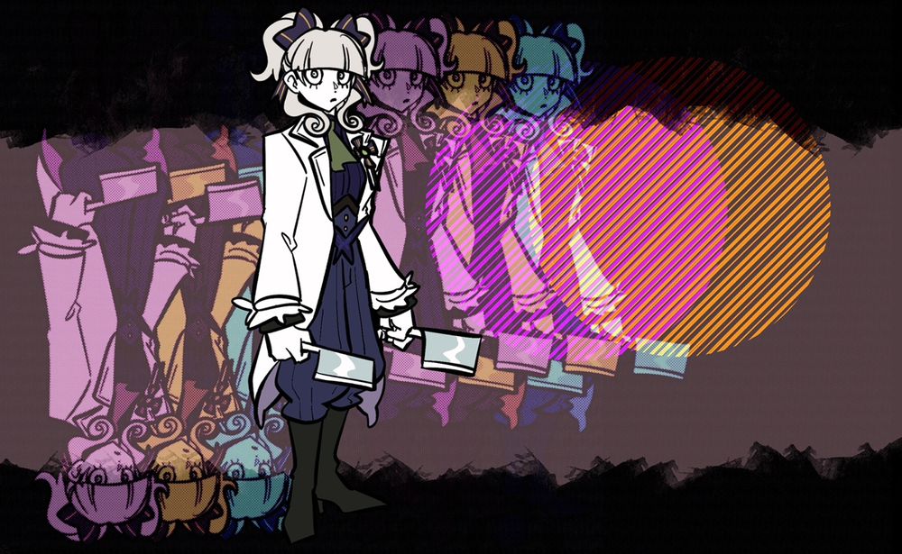 Maria Gorey drawn holding her cleaver while pink, yellow and cyan copies of her span outwards in an abstract way. 